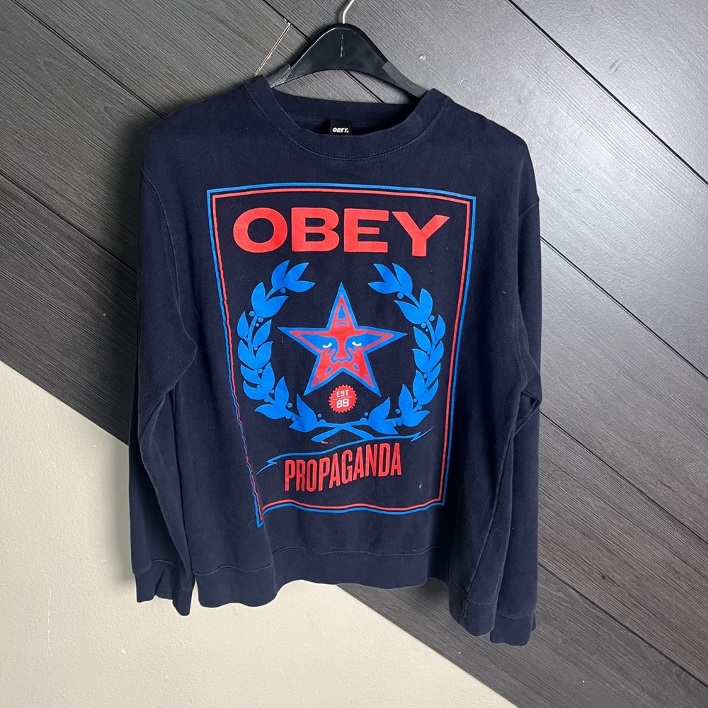 Obey Propaganda Graphic Crewneck Sweatshirt Navy Blue Medium Streetwear‎
